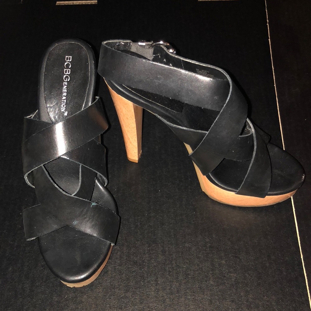 BCBGeneration Besito Black Leather Wood Heels